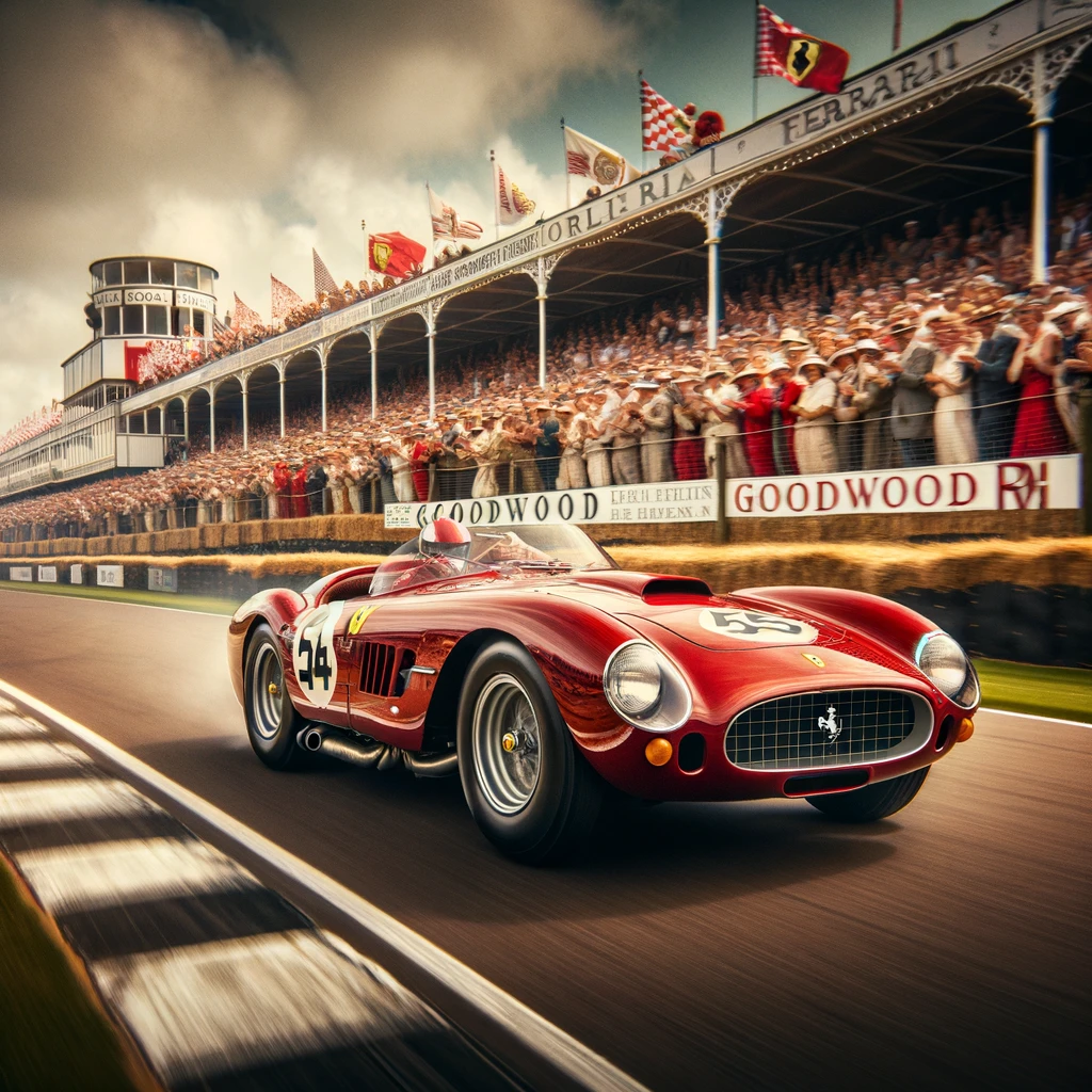 image of a vintage Ferrari racing at the Goodwood Revival
