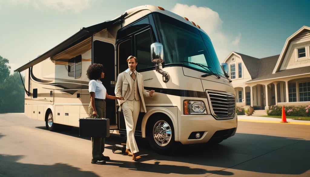 an image of an actor standing next to a winnebago