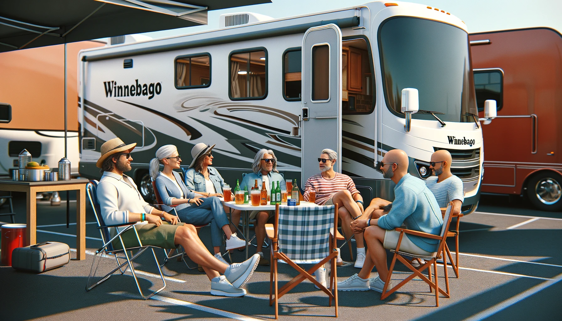 Clients sitting around the Winnebago relaxing at Le Mans
